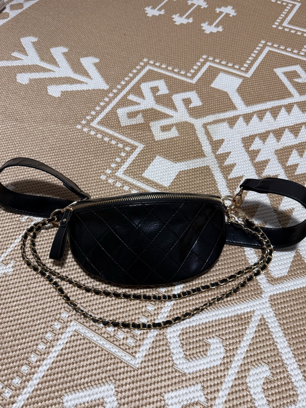 Quilted Black Leather Chain Belt Bag with shoulder strap chain and crossbody